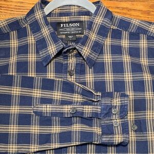 Filson Alaskan Guide Large 100% Cotton Flannel Plaid Button Up Shirt Bronze/Navy